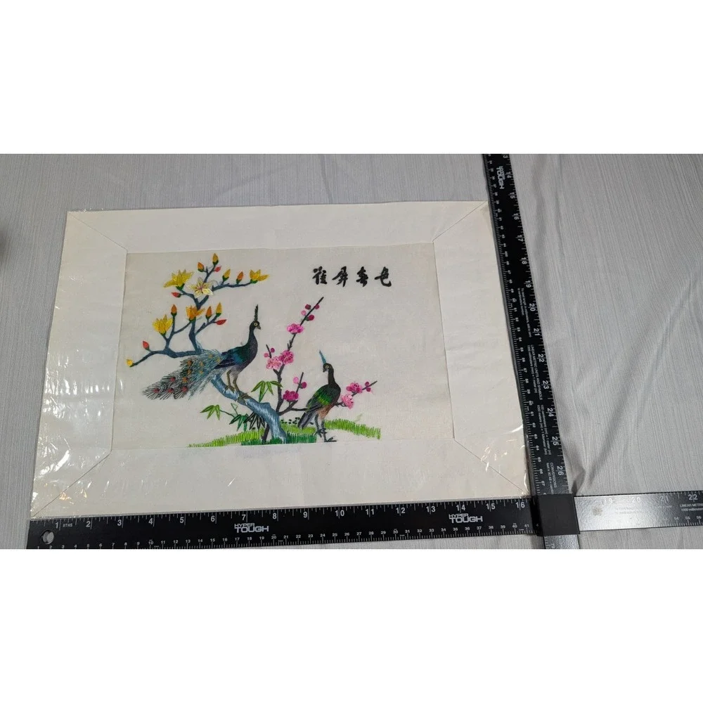 Vintage Asian Silk Embroidered Tapestry Birds-Tree-Flowers 16
